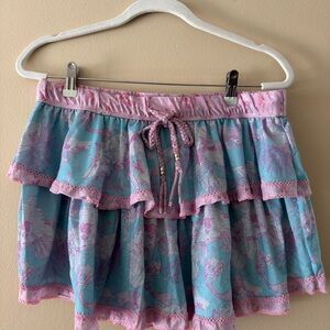 LoveShackFancy Pink and Blue Ruffled Mini Skirt